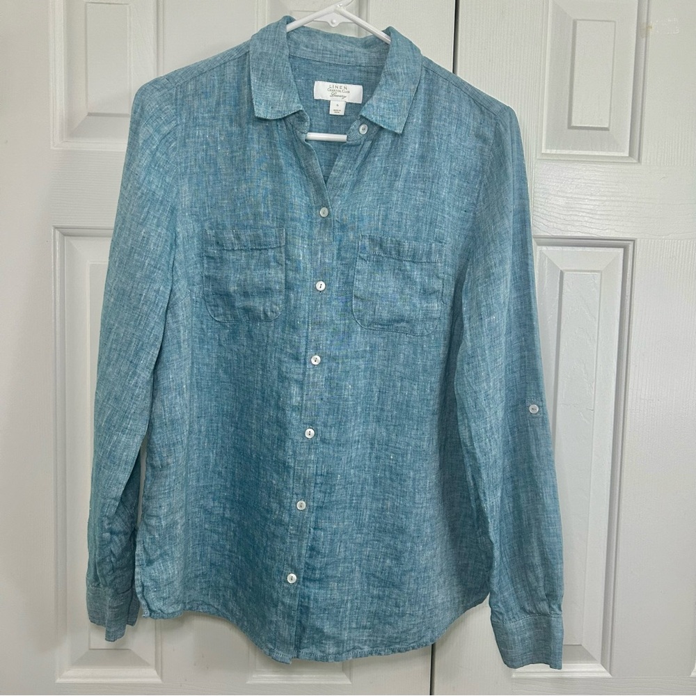 Charter Club Linen Luxury Blue Roll Tab Sleeve Button Down Top Size Small